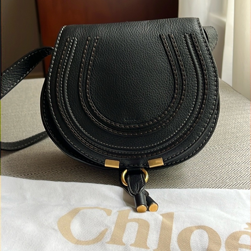 AUTHENTIC | Chloe Black Leather Small Marcie Crossbody Bag with Gold Hardware